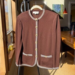 St. John Brown Jacket with Checkered Trim & Matching Skirt